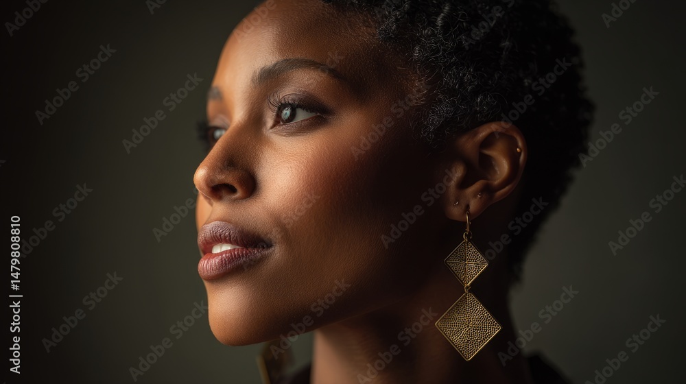 Elegant Black woman with bold geometric earrings, radiating confidence and modern sophistication.
Elegant Black woman with bold geometric earrings, radiating confidence and modern sophistication.