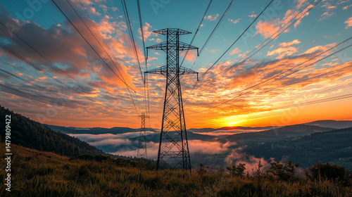A towering power line cuts through the early morning mist as the sun rises behind it, casting warm colors across the sky. The structure represents the distribution of electricity across landscapes