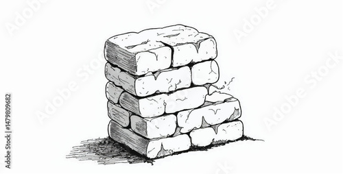 A black and white, hand-drawn illustration of a stack of bricks on a white background. Brick wall. A stack of bricks.	