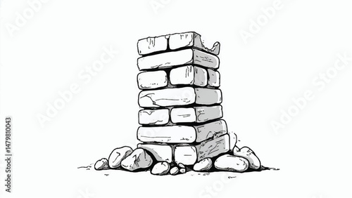 A black and white, hand-drawn illustration of a stack of bricks on a white background. Brick wall. A stack of bricks.	