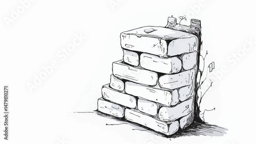 A black and white, hand-drawn illustration of a stack of bricks on a white background. Brick wall. A stack of bricks.	