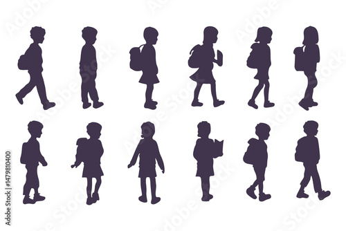 School Children Silhouettes, Kids Walking with Backpacks, Children Side Profile Silhouette, School Kids Standing and Walking, Backpack Kids Silhouettes Clipart Vector Illustration.