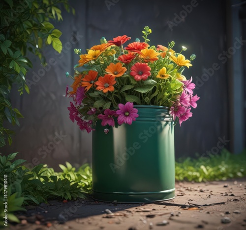 Metal can, colorful flowers, green leaves, bright light ,  beautiful,  outdoor,  horticulture