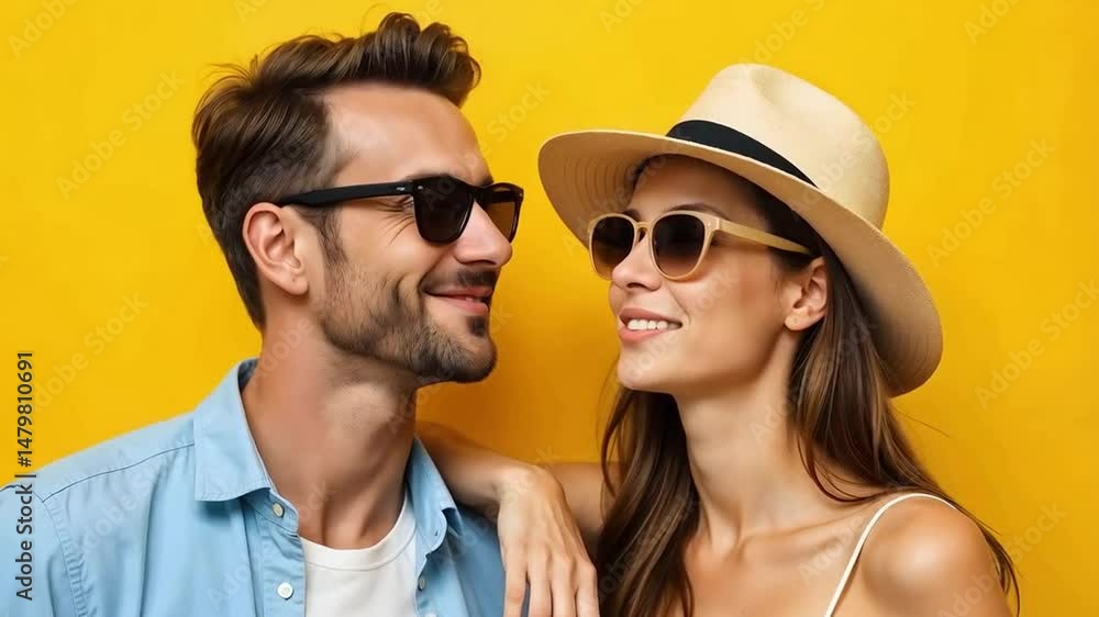Young couple flirting with each other on a summer yellow background, sunglasses and sunhat Young couple flirting with each other on a summer yellow background, sunglasses and sunhat