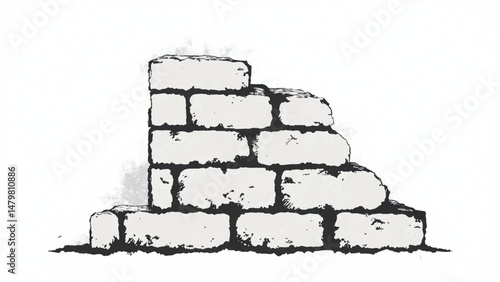 A black and white, hand-drawn illustration of a stack of bricks on a white background. Brick wall. A stack of bricks.	