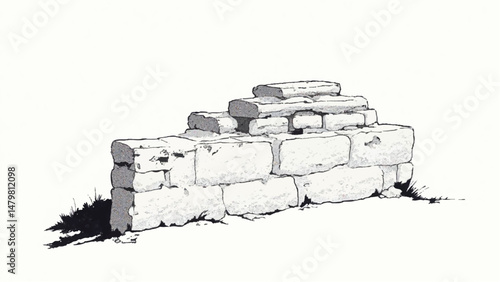 A black and white, hand-drawn illustration of a stack of bricks on a white background. Brick wall. A stack of bricks.	