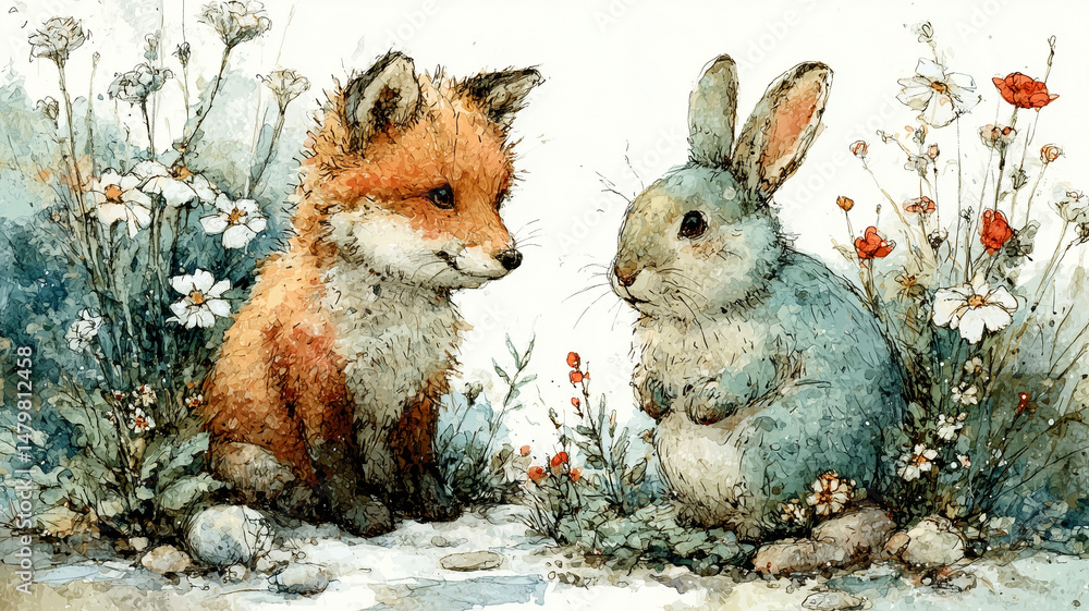 Fototapeta premium 絵本のようなタッチで描かれたキツネとうさぎの仲良し風景|白背景に映えるかわいい動物たちの心温まる表情|親子向けストーリー素材に最適