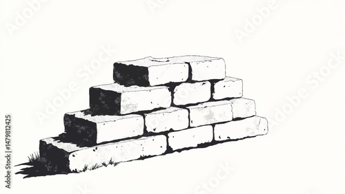 A black and white, hand-drawn illustration of a stack of bricks on a white background. Brick wall. A stack of bricks.	