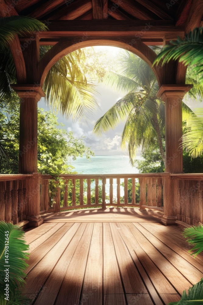 Fototapeta premium Tropical Ocean View from Wooden Balcony with Palm Trees and Bright Sunlight Serene Vacation Spot Paradise Getaway