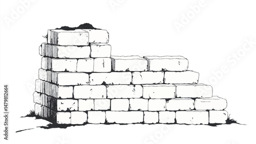 A black and white, hand-drawn illustration of a stack of bricks on a white background. Brick wall. A stack of bricks.	