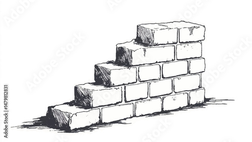 A black and white, hand-drawn illustration of a stack of bricks on a white background. Brick wall. A stack of bricks.	