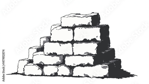 A black and white, hand-drawn illustration of a stack of bricks on a white background. Brick wall. A stack of bricks.	