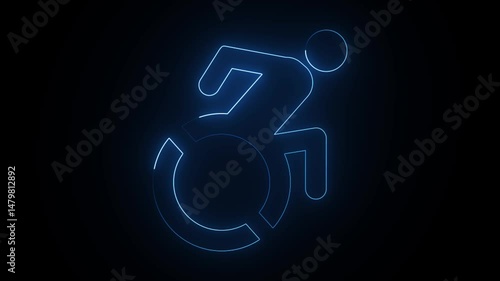 Glowing Neon accessibility icon representing active and empowered wheelchair user movement on a background.