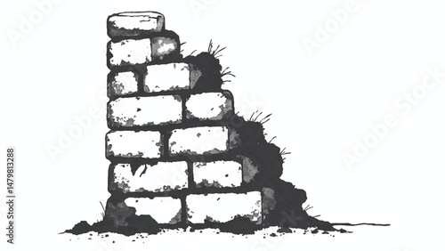 A black and white, hand-drawn illustration of a stack of bricks on a white background. Brick wall. A stack of bricks.	