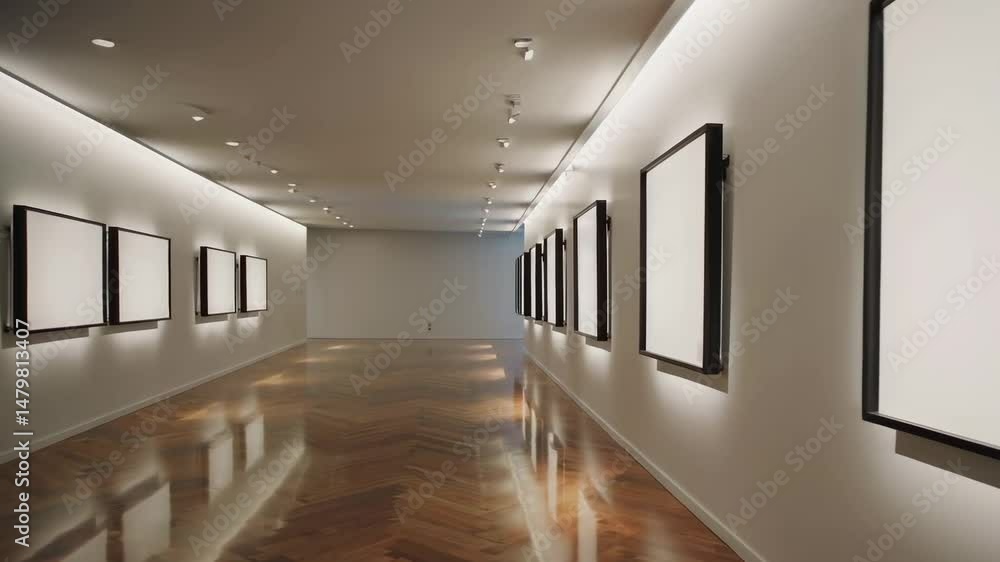 Empty gallery with blank frames hanging on the wall and wood floor Empty gallery with blank frames hanging on the wall and wood floor