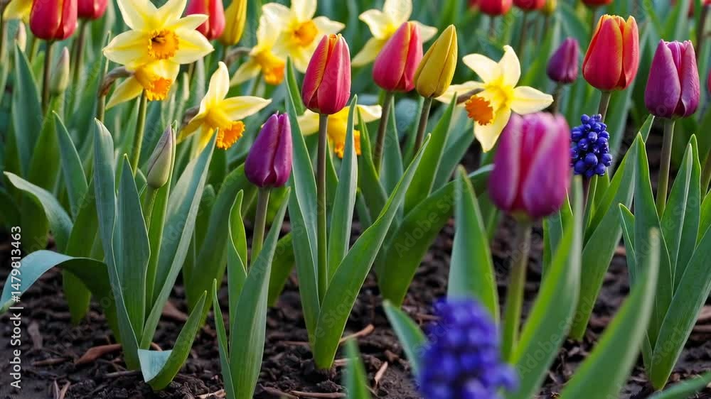 Close up view of colorful tulips and daffodils in a garden bed Close up view of colorful tulips and daffodils in a garden bed