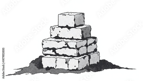 A black and white, hand-drawn illustration of a stack of bricks on a white background. Brick wall. A stack of bricks.	