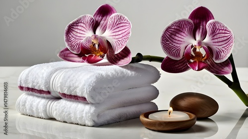 Folded spa towels with soap and orchid flower, isolated on white background, minimal clean styling, soft shadows, elegant and relaxing composition, cut-out stock image,Generative Ai
