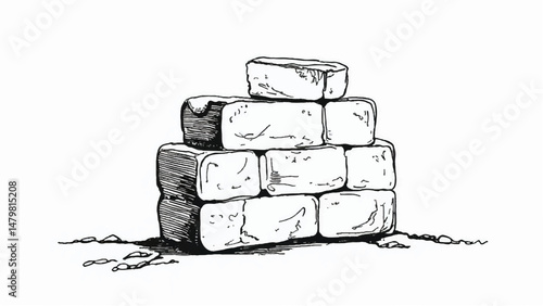 A black and white, hand-drawn illustration of a stack of bricks on a white background. Brick wall. A stack of bricks.	