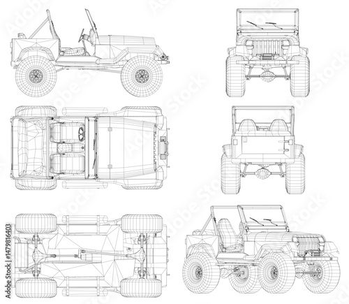 A drawing of a SUV with a lot of detail. The SUV is shown from the side, top, and bottom
