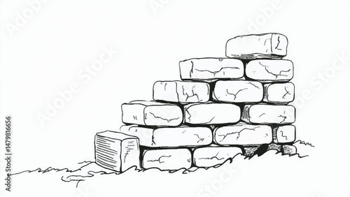 A black and white, hand-drawn illustration of a stack of bricks on a white background. Brick wall. A stack of bricks.	