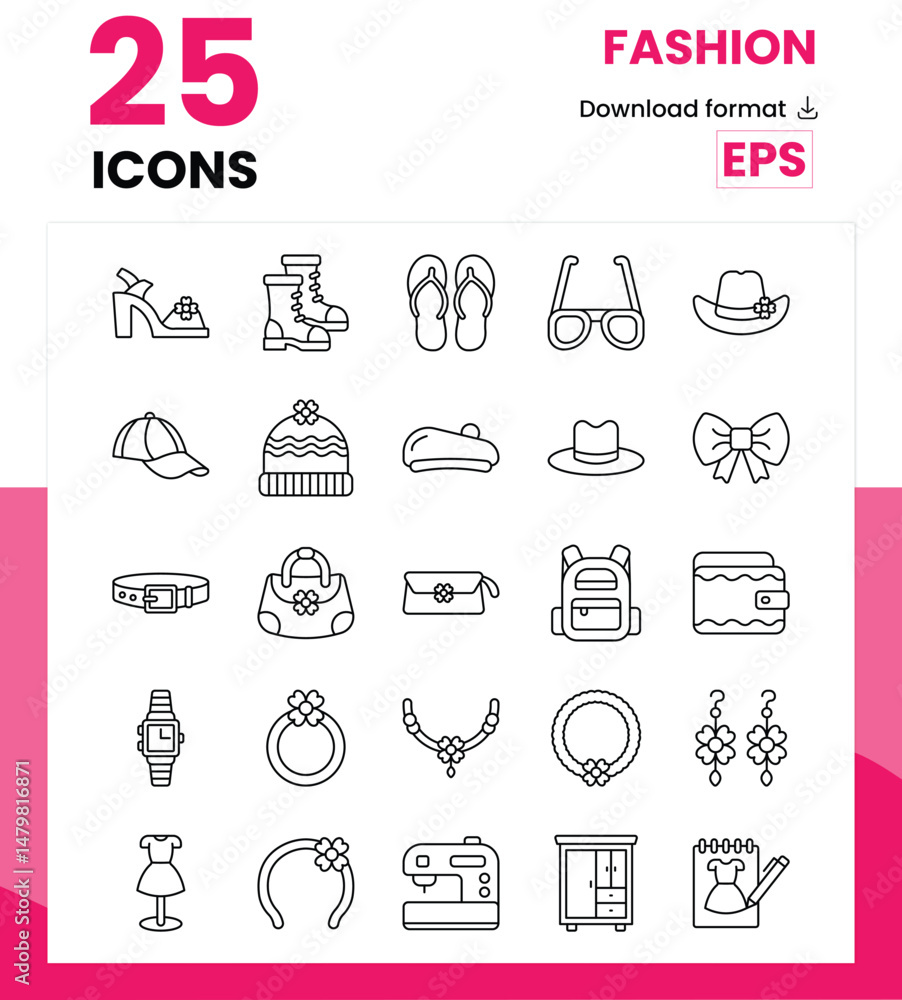 Naklejka premium 25 Fashion Vector line Icons Editable Stroke, Clothing icons, Jewelery icons, Shoes and Sendals