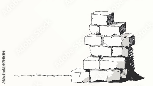 A black and white, hand-drawn illustration of a stack of bricks on a white background. Brick wall. A stack of bricks.	