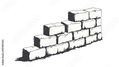A black and white, hand-drawn illustration of a stack of bricks on a white background. Brick wall. A stack of bricks.	