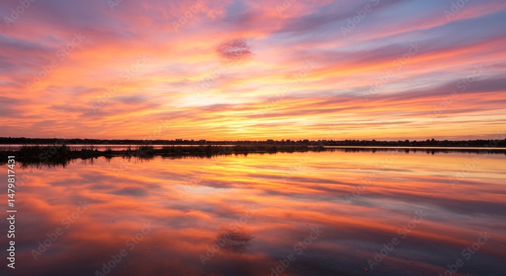 Naklejka premium Stunning Sunset Reflection over Calm Lake at Dusk Vibrant Orange and Pink Sky