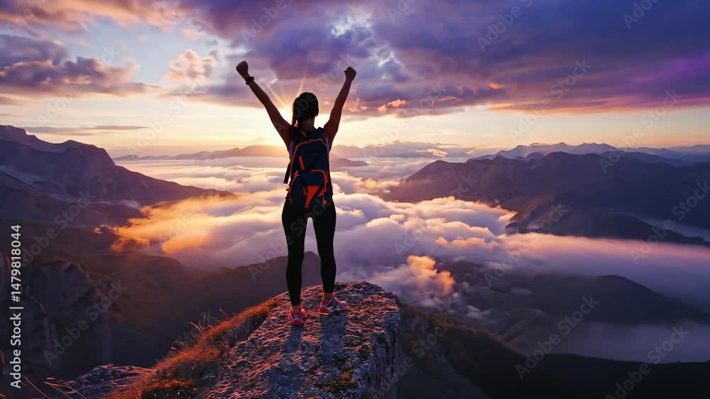 Woman standing on mountain top with arms raised celebrating success at sunset Woman standing on mountain top with arms raised celebrating success at sunset