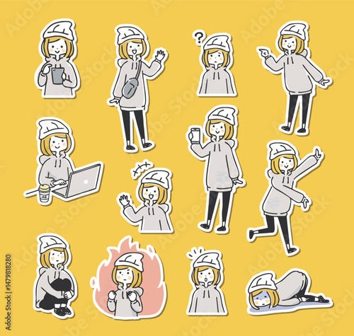女性の色々なイラストカット　白いフチあり