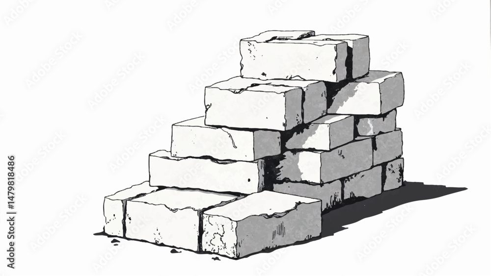 A black and white, hand-drawn illustration of a stack of bricks on a white background. Brick wall. A stack of bricks. A black and white, hand-drawn illustration of a stack of bricks on a white background. Brick wall. A stack of bricks.