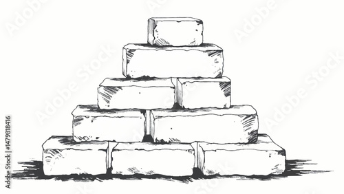 A black and white, hand-drawn illustration of a stack of bricks on a white background. Brick wall. A stack of bricks.	