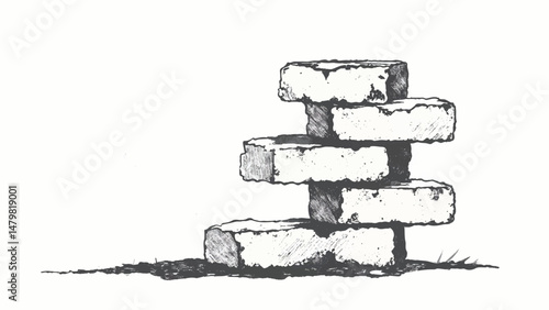 A black and white, hand-drawn illustration of a stack of bricks on a white background. Brick wall. A stack of bricks.	