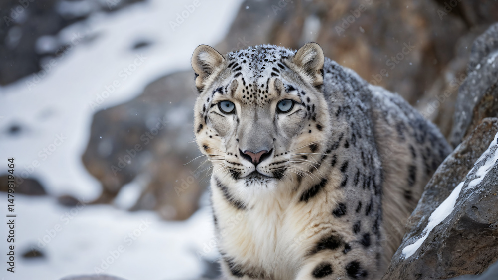 Obraz premium Majestic Snow Leopard in Its Natural Mountain Habitat. Wild snow leopard poised on rocky terrain with snowy background. Features stunning fur patterns and piercing blue eyes.