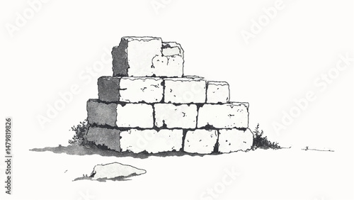 A black and white, hand-drawn illustration of a stack of bricks on a white background. Brick wall. A stack of bricks.	