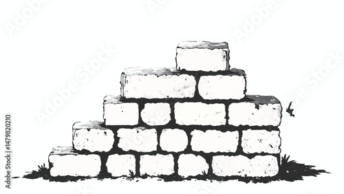 A black and white, hand-drawn illustration of a stack of bricks on a white background. Brick wall. A stack of bricks.	