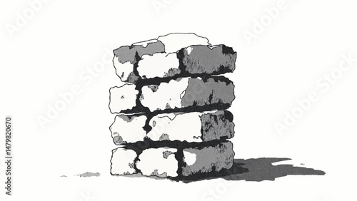 A black and white, hand-drawn illustration of a stack of bricks on a white background. Brick wall. A stack of bricks.	