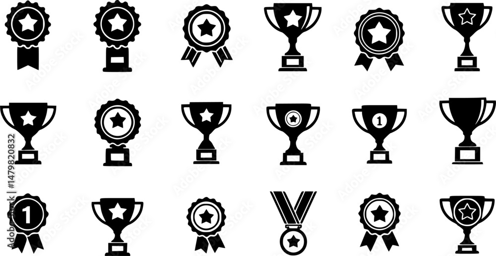 Set of winning award and prize icons, trophy reward, victory trophy signs depicting an award, victory cup achievement, winner medal - stock vector Set of winning award and prize icons, trophy reward, victory trophy signs depicting an award, victory cup achievement, winner medal - stock vector