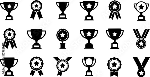 Set of winning award and prize icons, trophy reward, victory trophy signs depicting an award, victory cup achievement, winner medal - stock vector