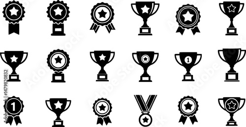 Set of winning award and prize icons, trophy reward, victory trophy signs depicting an award, victory cup achievement, winner medal - stock vector