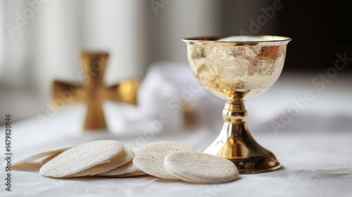 Holy communion eucharist chalice and host for christian religious ceremony and faith symbol