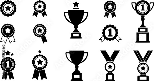 Set of winning award and prize icons, trophy reward, victory trophy signs depicting an award, victory cup achievement, winner medal - stock vector