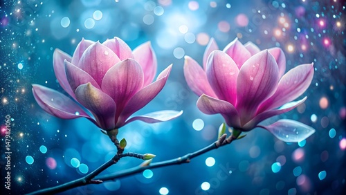 Two Pink Magnolia Blossoms on Branch with Bokeh Background