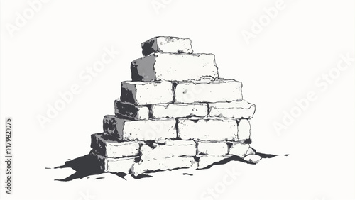 A black and white, hand-drawn illustration of a stack of bricks on a white background. Brick wall. A stack of bricks.	
