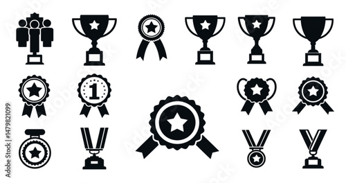 Set of winning award and prize icons, trophy reward, victory trophy signs depicting an award, victory cup achievement, winner medal - stock vector