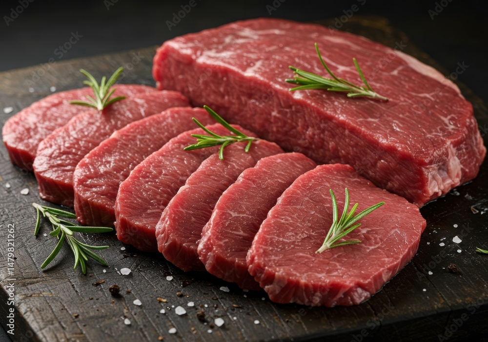 Fototapeta premium Fresh raw beef steak slices with rosemary on wooden board