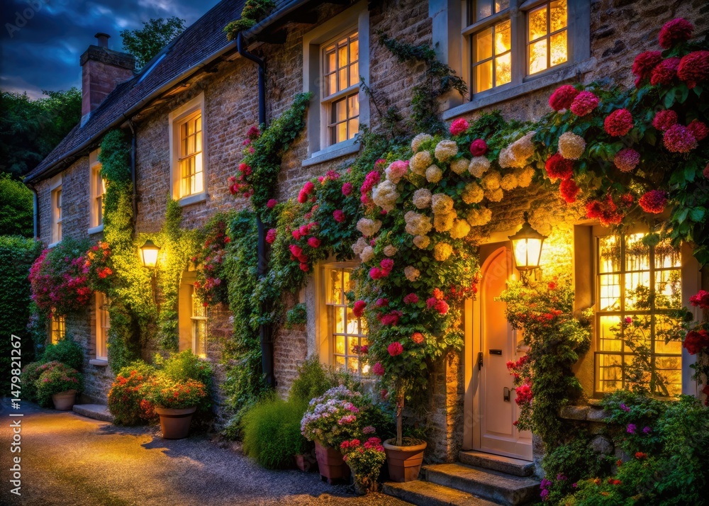Fototapeta premium Low Light Photography: Romantic English Cottage, Climbing Roses, Night Scene, Beautiful House, Garden, Flowers, Exterior, Architecture