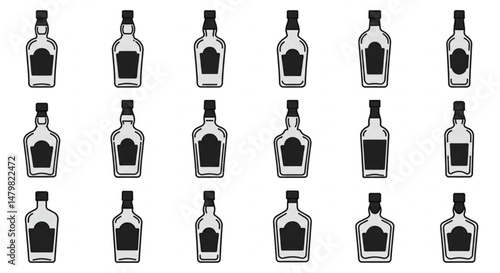 Glass Bottle Types. Alcohol Beverage Bar Drink Concept. Editable Stroke. Minimal Color Flat Line Outline Stroke Icon Set.