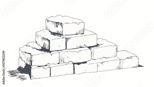 A black and white, hand-drawn illustration of a stack of bricks on a white background. A stack of bricks.	